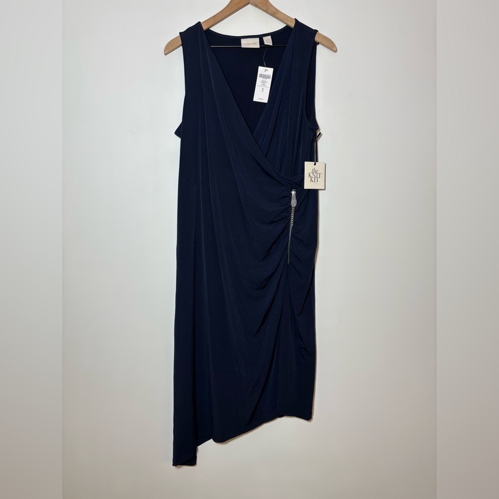 Chico's Knit Kit Ruched Side with Zipper Midi Dress Navy Sleeveless Size 3 NWT